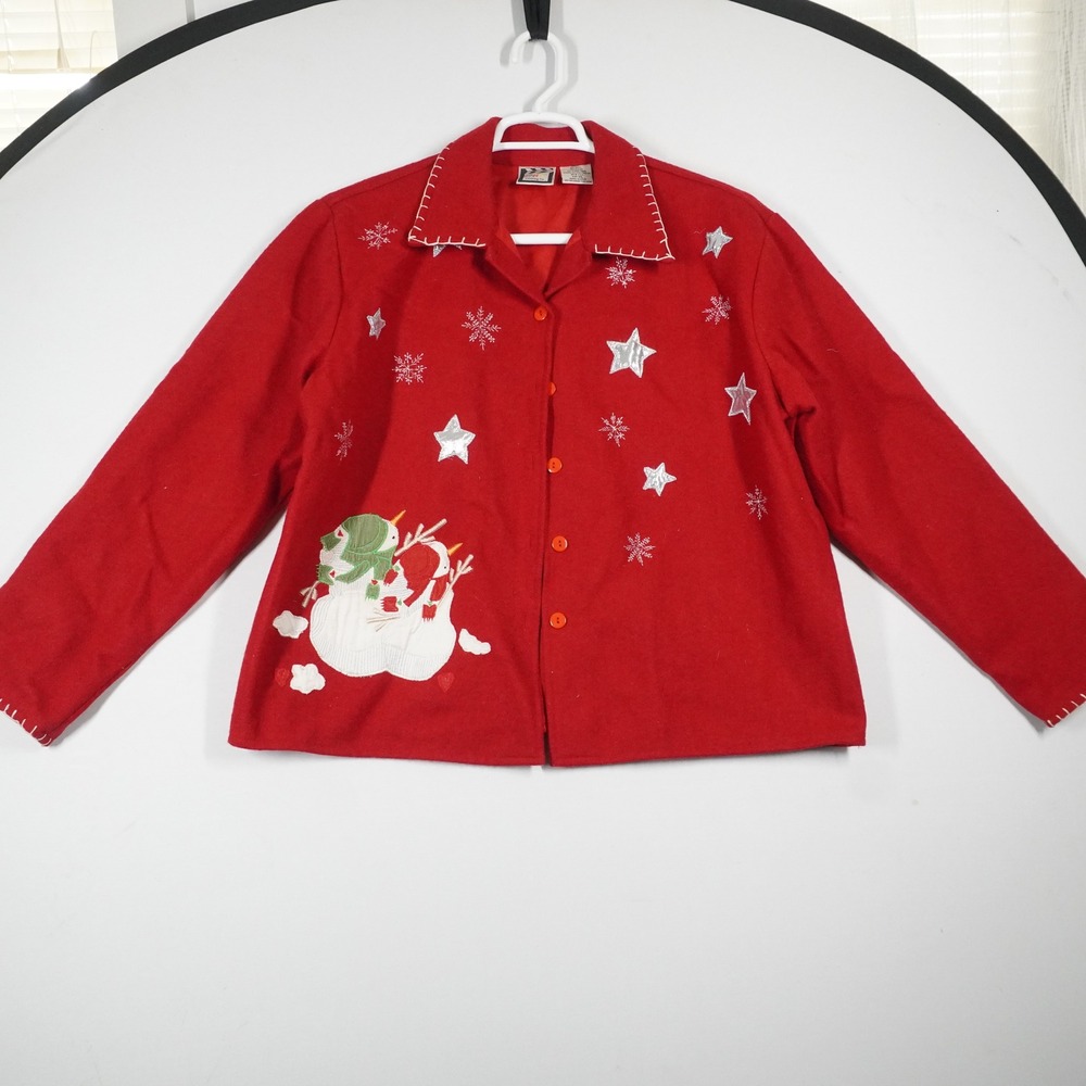 VTG Take Two Co Jacket Women XL Red Wool Blend Snowman Holiday Festive Granny